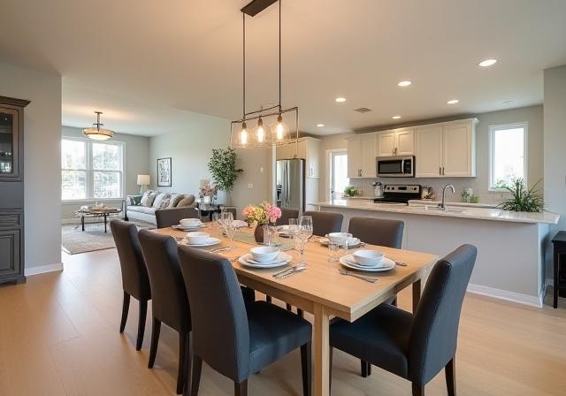 Dining area adjacent to the kitchen, seating for six.