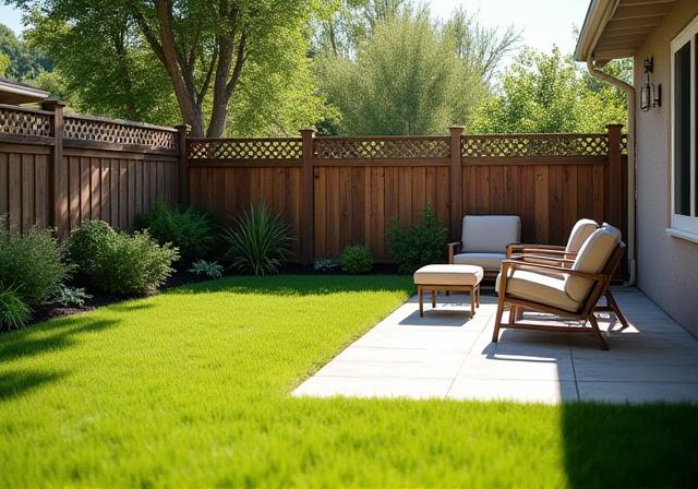 Private fenced backyard with a small patio set, perfect for pets.