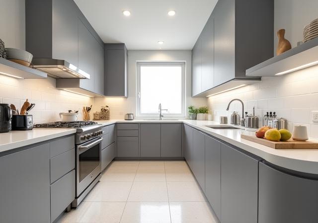 Modern kitchen with stainless steel appliances and ample counter space.