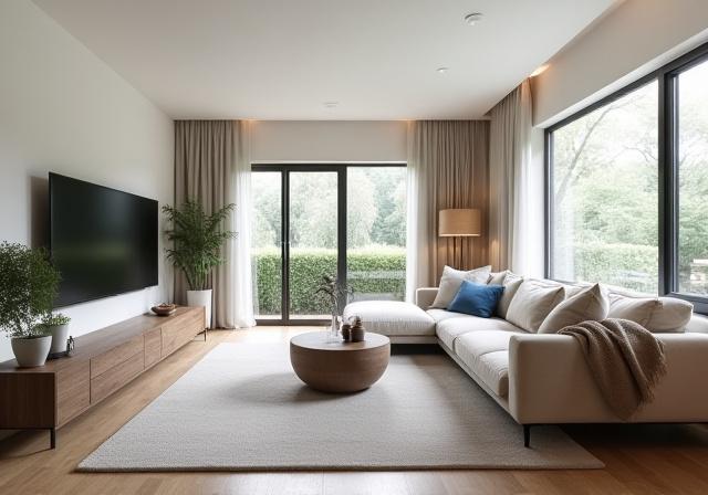 Spacious and modern living room with a large sofa and smart TV.