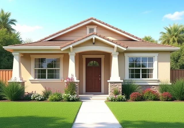 The charming front exterior of the Sebastian Sunset Retreat house on a sunny day.